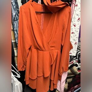 Orange Jumpsuit Dress with Tie - M